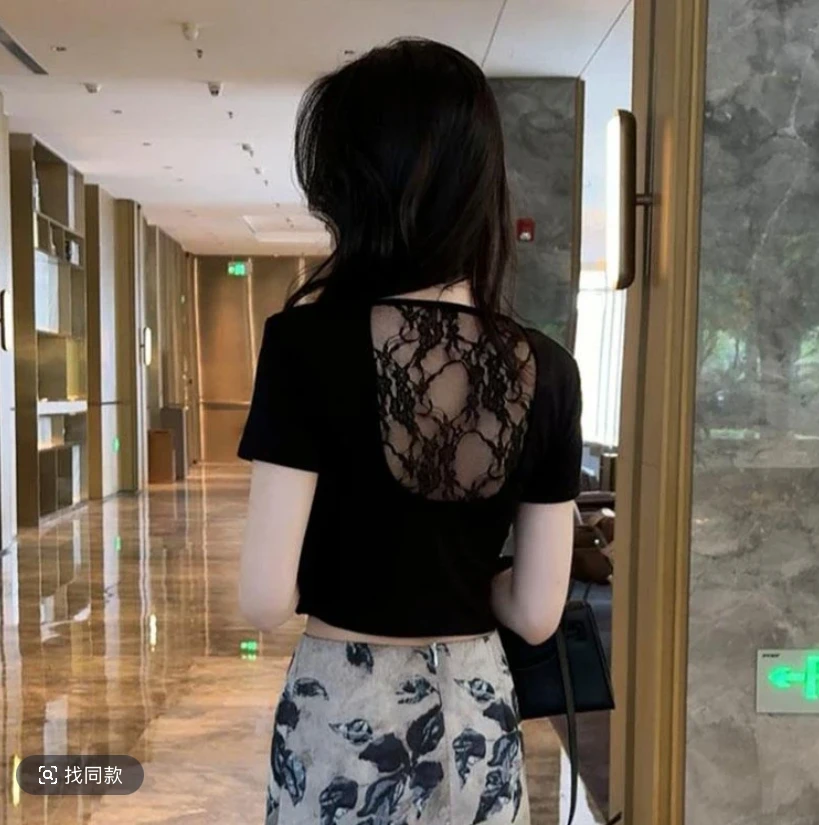 黑色短袖T恤女2025年夏季新款后背蕾丝镂空露背性感t恤女气质上衣