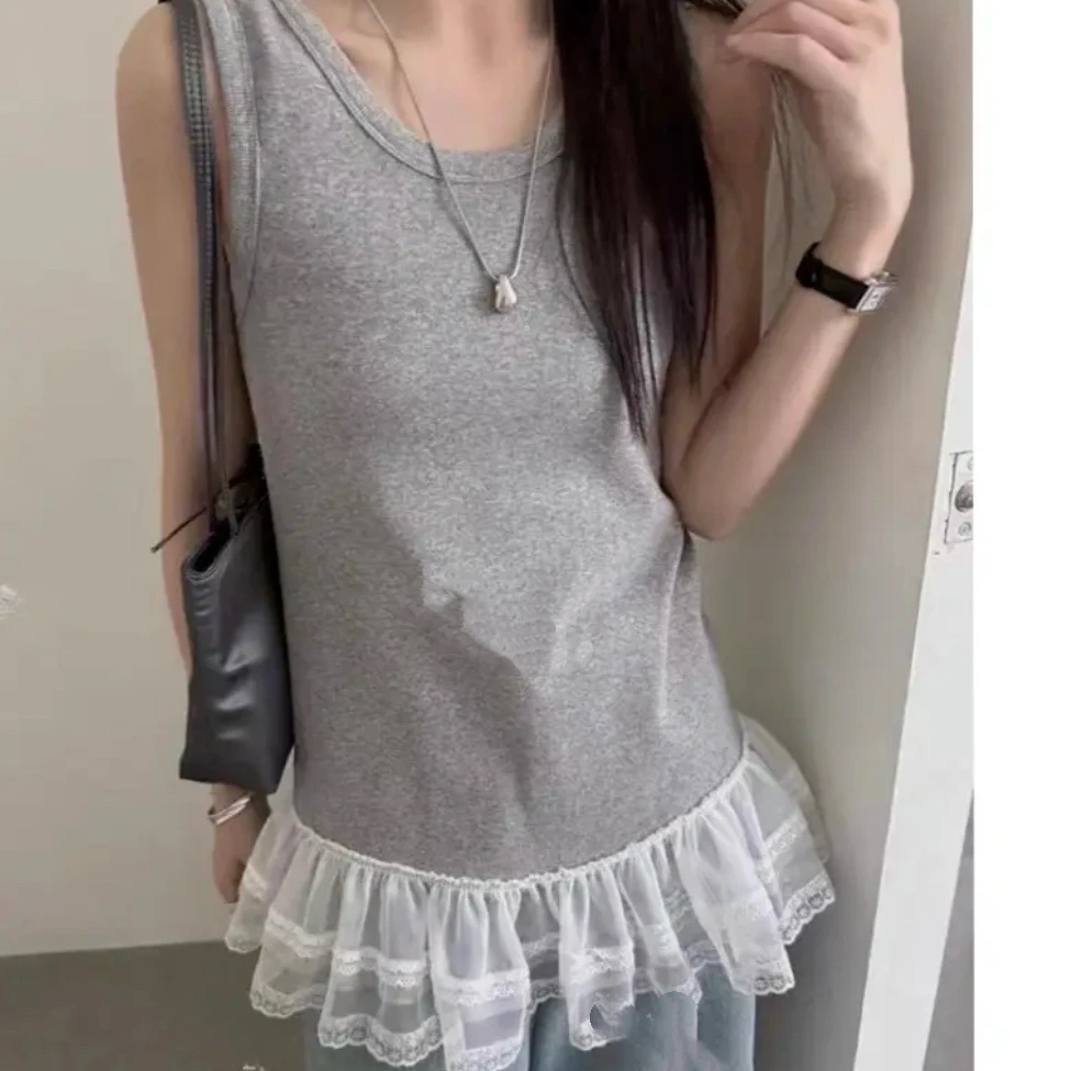 韩版设计感网纱拼接背心女2025春夏通勤洋气内搭显瘦打底无袖上衣