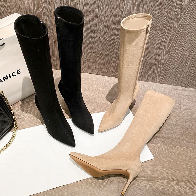 不过膝女靴爆款2025年新款秋冬高筒高跟鞋长筒靴尖头细跟中筒靴子