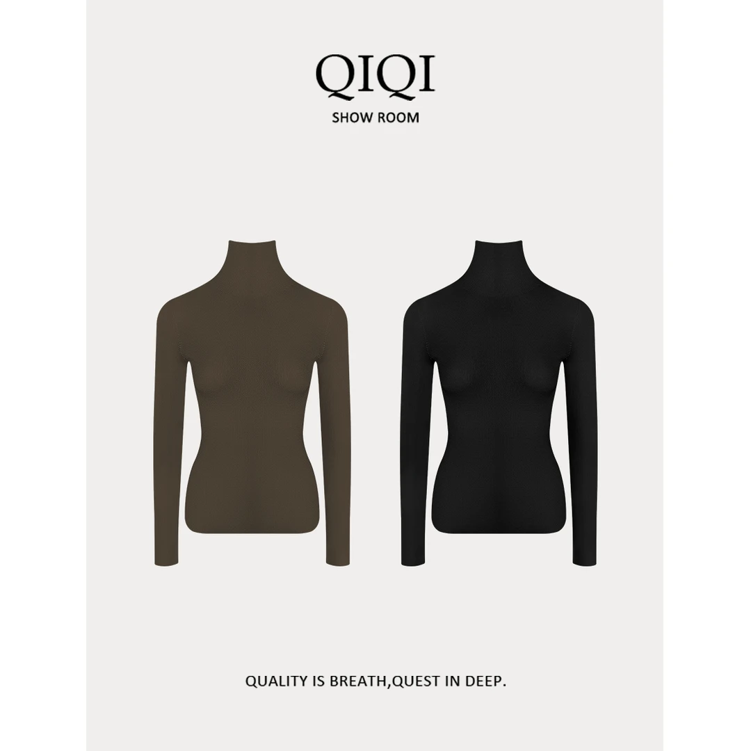 QiQi “可机洗扬子纱”半高领2股60支无缝一体打底修身长袖针织