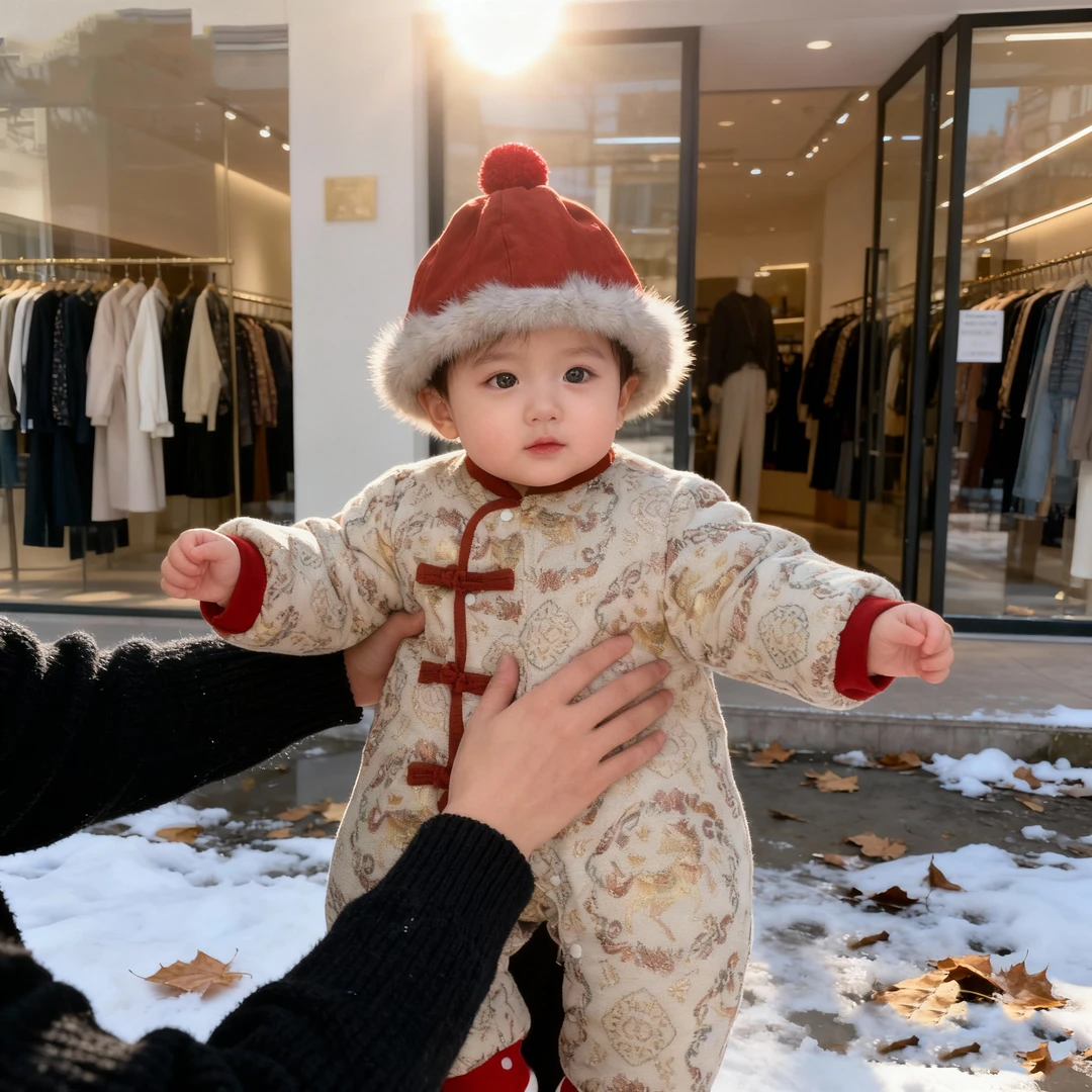 新款拜年服婴幼男宝喜庆冬季中国风爬服加厚哈衣外挡风小马棉连体