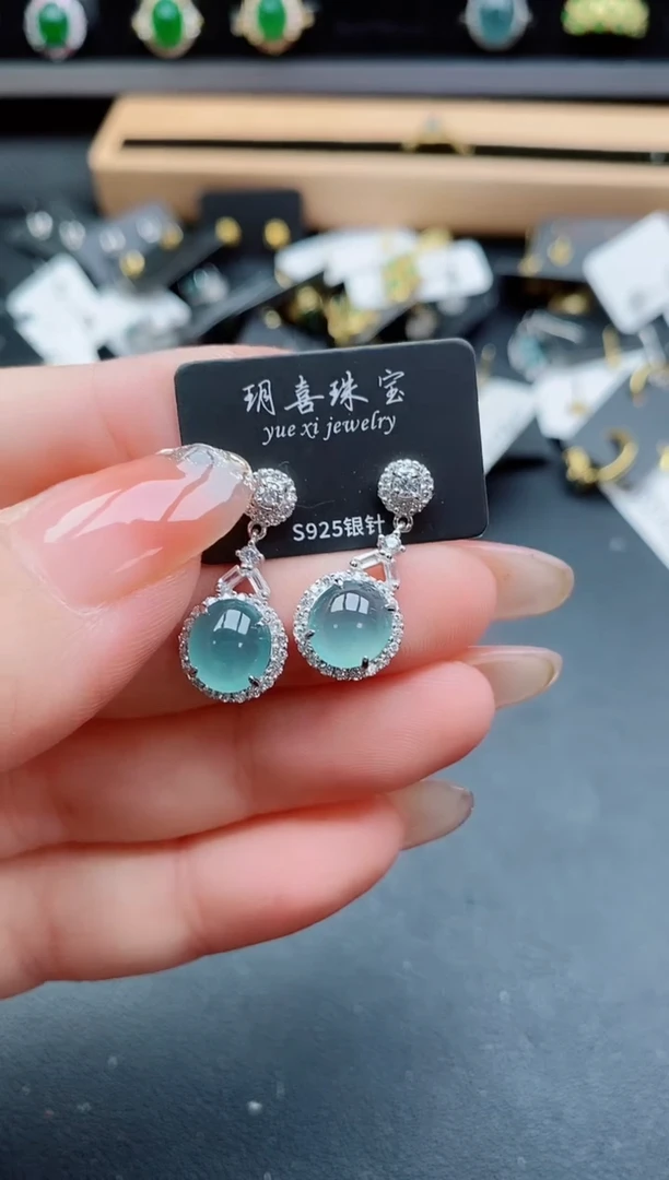 银S925镶嵌翡翠耳饰5080