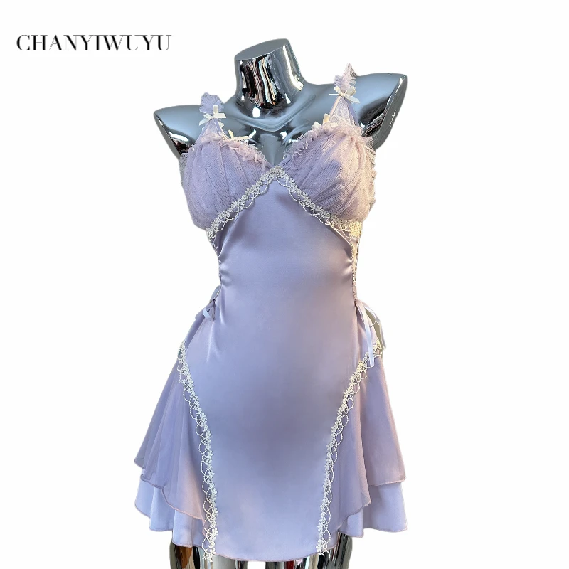CHANYIWUYU/缎面加胸垫镂空绑带诱惑露背网纱睡裙外袍套装3248