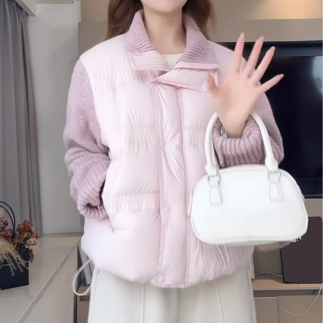 2025冬季新款粉色减龄甜美风拼接针织棉服韩版时尚休闲百搭短外套