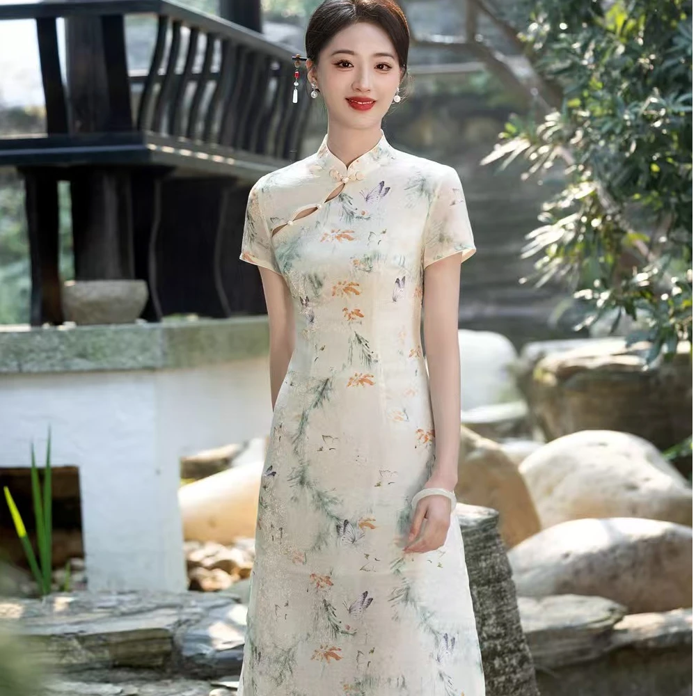 瓷萱【轻舞飞扬】夏新款改良奥黛斜襟旗袍复古显瘦中国风长款连衣裙