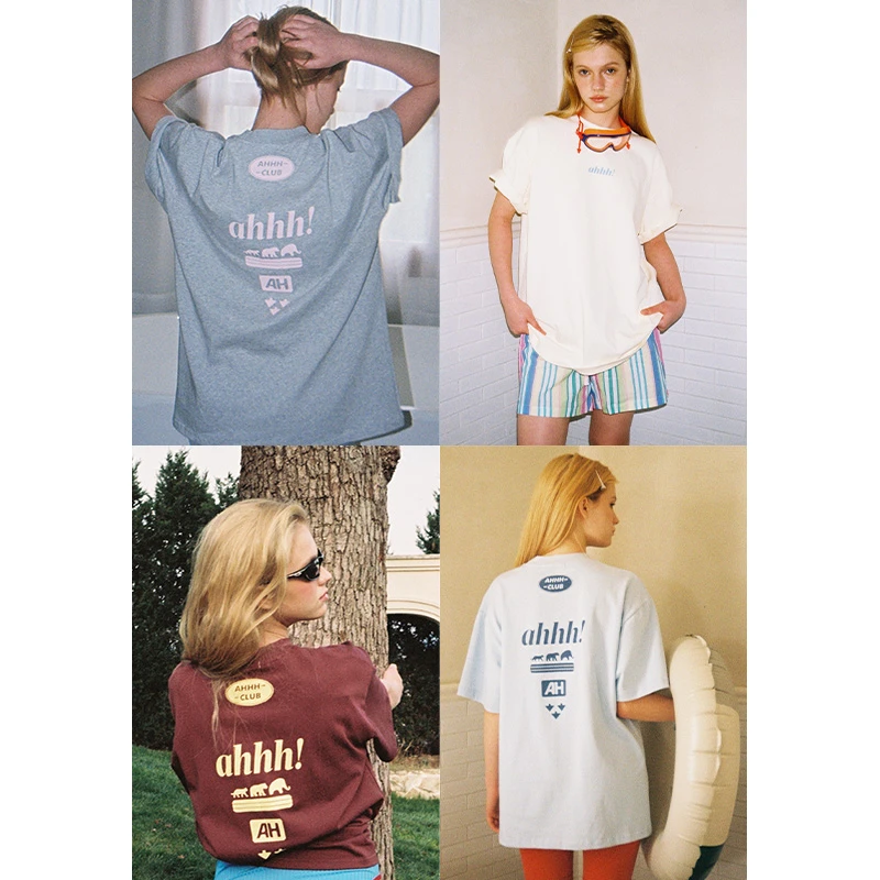 Ahhh 美式复古短袖t恤女夏季新款圆领纯棉印花宽松运动休闲上衣