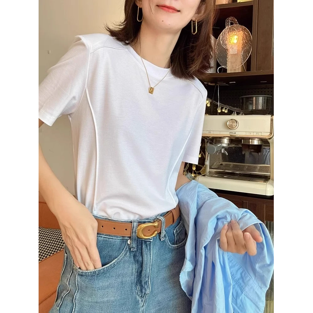 芯娇晴冰丝冰感高端白色短袖T恤女装设计上衣垫肩打底衫垂感柔软