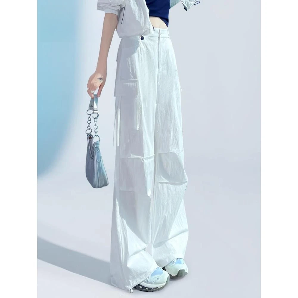 白色美式工装裤女夏季2025新款高腰宽松垂感速干阔腿休闲拖地裤子