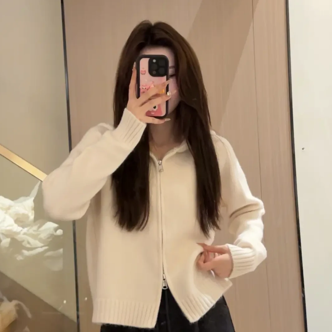 慵懒风连帽针织开衫女2025秋冬韩版双拉链小众设计感短款毛衣外套