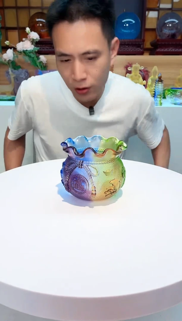 手工艺品琉璃彩色钱袋聚宝盆9*10公分