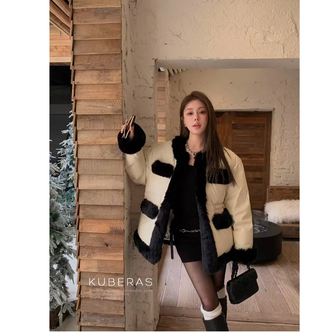 KUBERAS 高级感撞色拼毛小香风加厚保暖90白鸭绒皮面羽绒服外套
