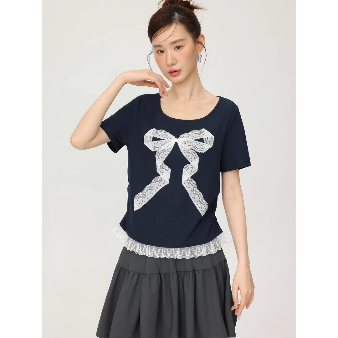爱蔷薇大码正肩蝴蝶结短袖t恤女2025新款深蓝色蕾丝边上衣GT76365