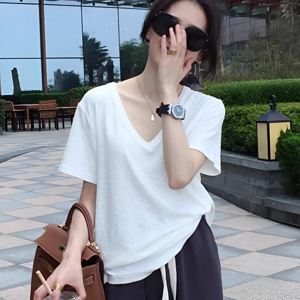 2025夏季新款竹节棉白色t恤女慵懒百搭短袖宽松v领打底衫上衣时尚