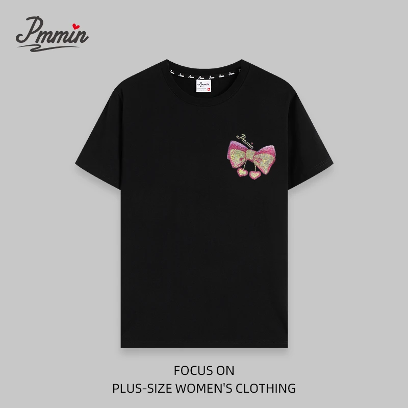 pmmin【爱心蝴蝶结】大码女装设计潮牌烫钻短袖T恤 简约设计