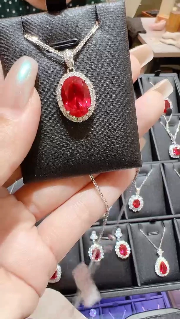 颈饰合成（培育）红宝石银S925镶嵌@@
