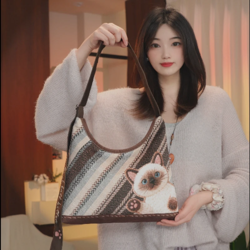 可爱喵拉链单肩斜跨通勤风可爱大容量托特包AB面