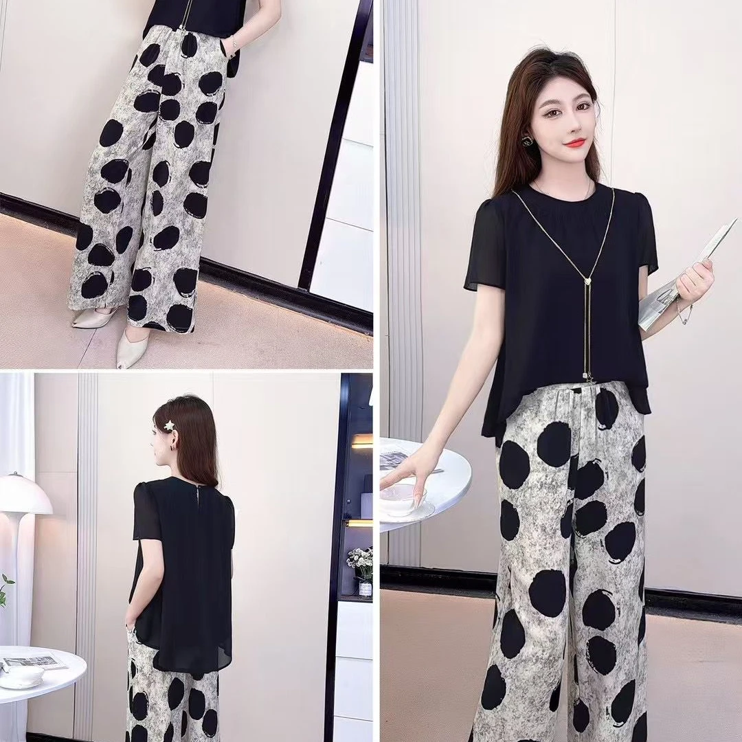 省心搭配高级感短袖雪纺衫波点印花阔腿裤两件套女显瘦气质套装夏