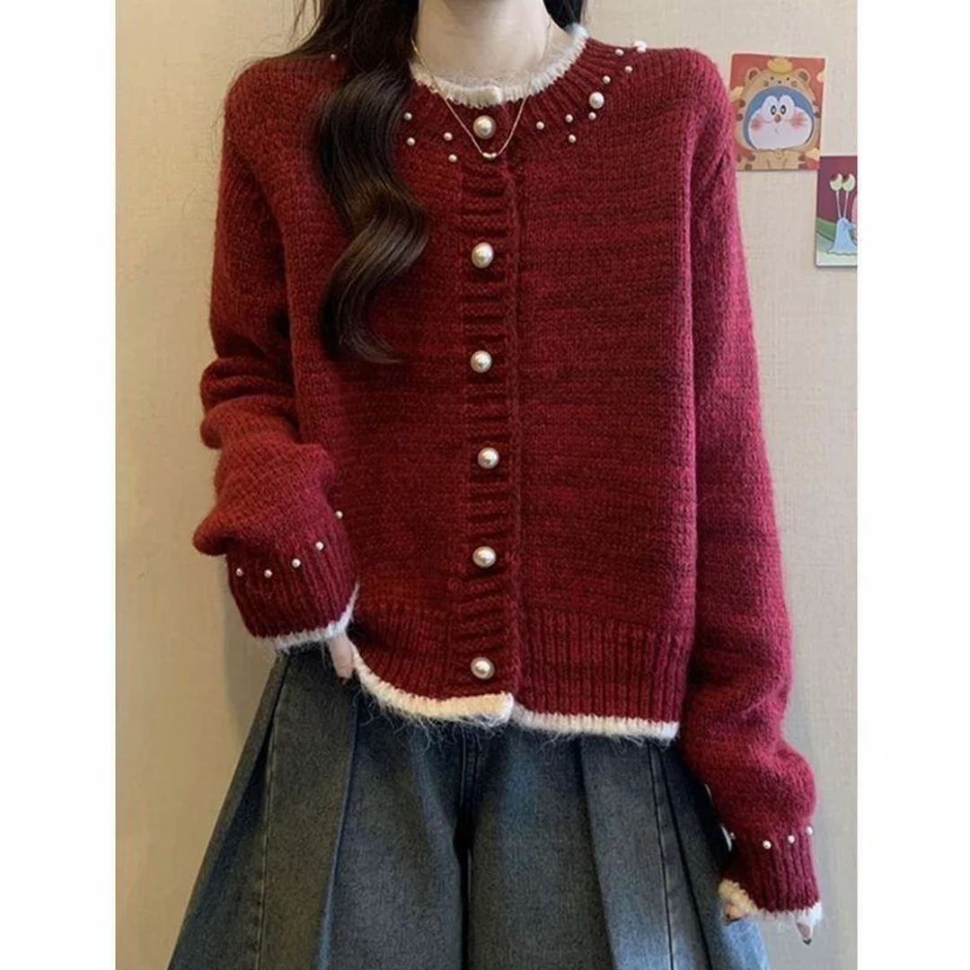 安哥拉红短款针织开衫女春秋钉珠毛衣外套本命年新年战袍珍珠上衣