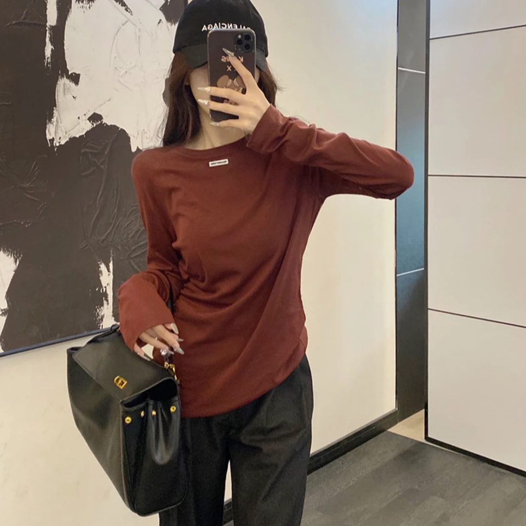 81129 极简风不褪色圆领修身型T恤常规款长袖宽松型女百搭