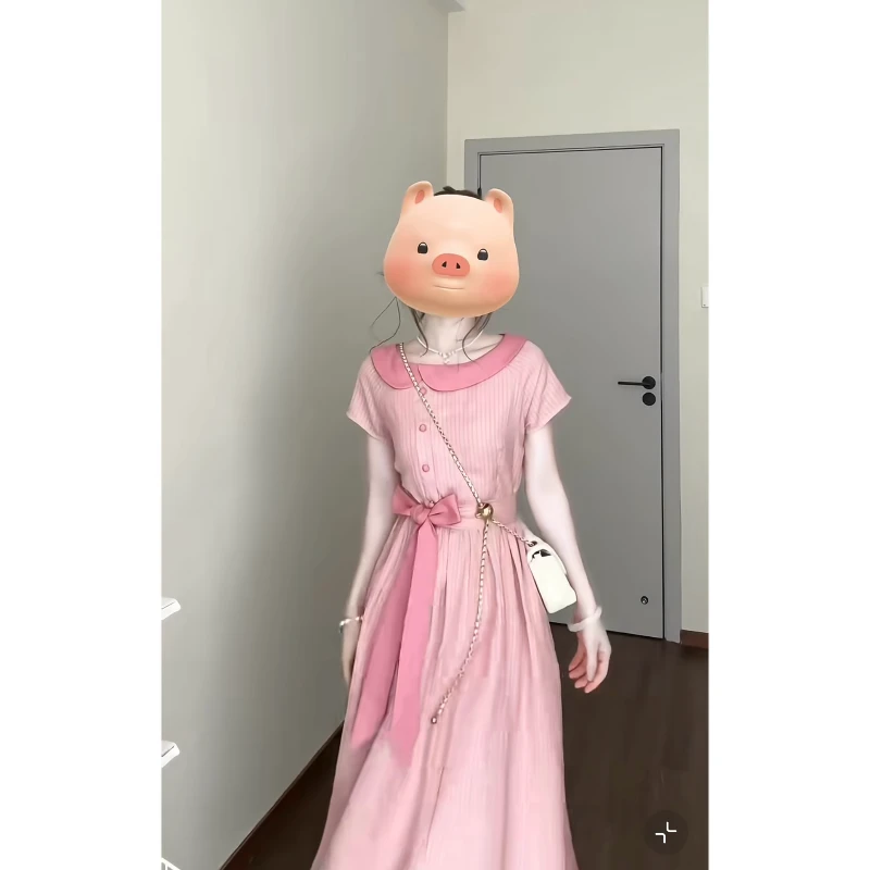 大码【夏桃】法式温柔风粉色条纹连衣裙夏季新款独特漂亮设计感长裙