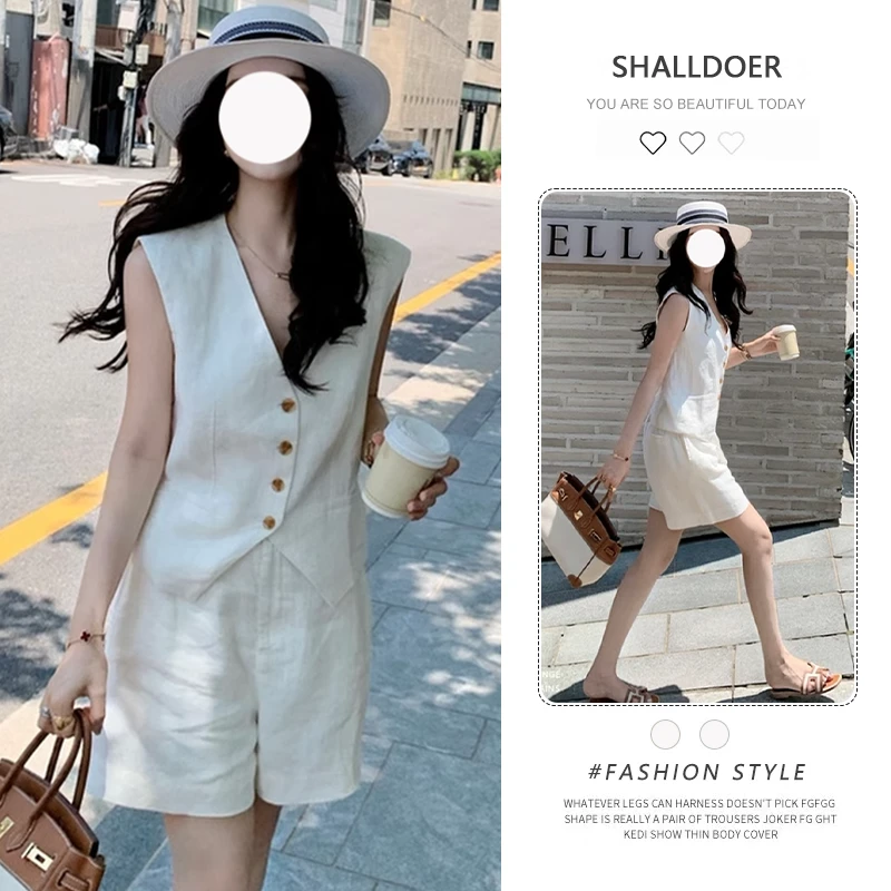 高级感白色西装马甲短裤女夏薄款高腰显瘦垂感a字阔腿中裤两件套