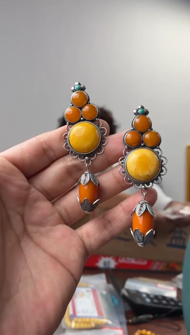 蜜蜡银S925镶嵌耳坠噶玛珠宝 银S925  18mm+