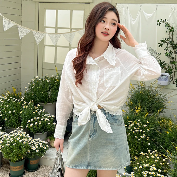 【衬衫】大码百分百春季微胖mm韩系拼接蕾丝设计感百搭时尚衬衫0001