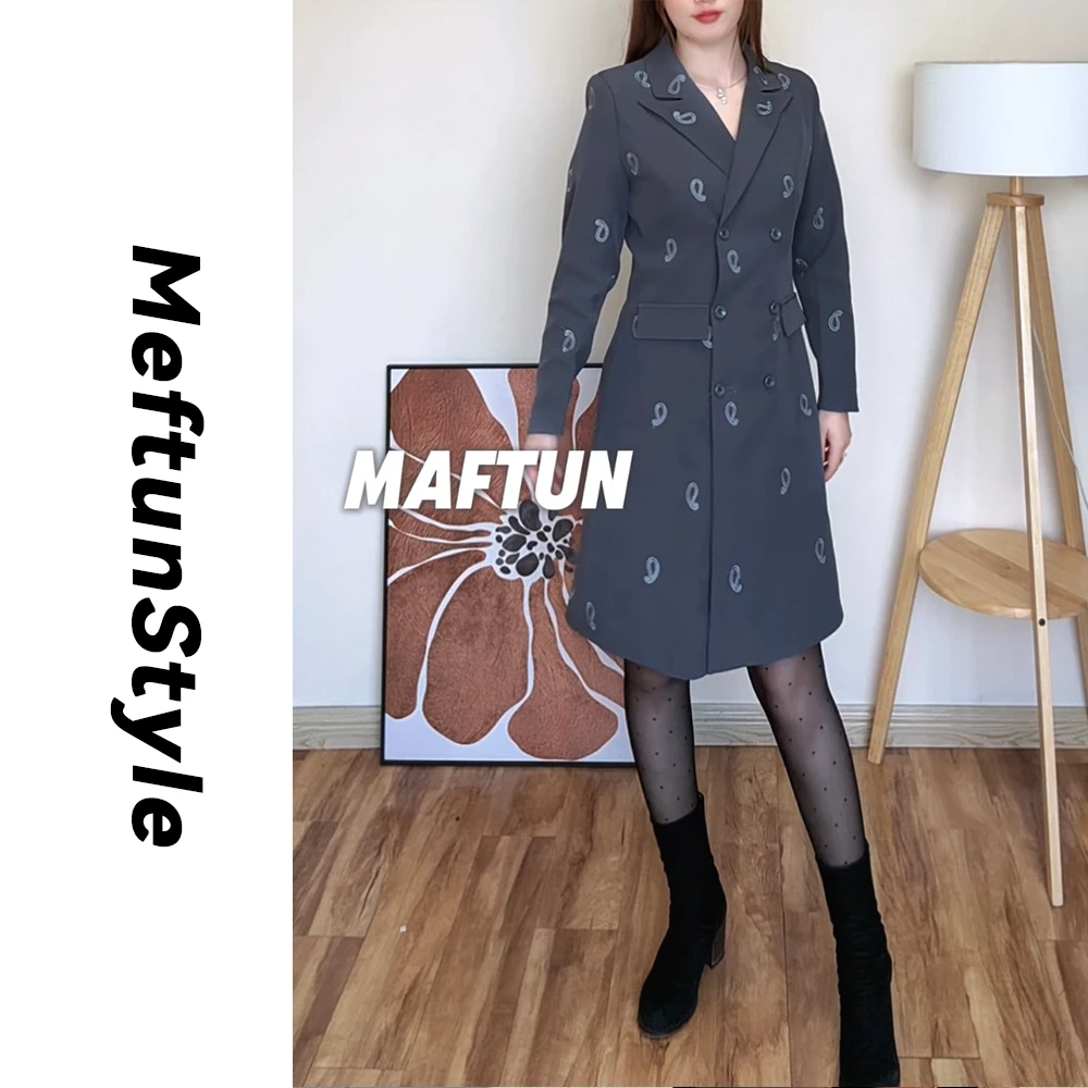 Maftun民族风重工刺绣气质显瘦秋冬西装黑色连衣裙