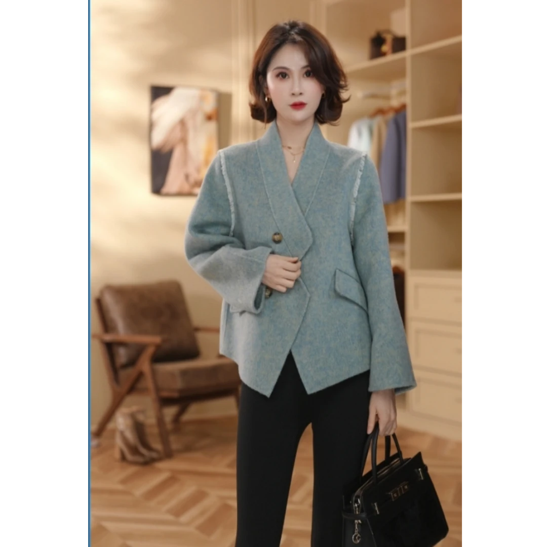 【馨蔚】2025上新春季休闲复古无领双面羊毛短款外套085