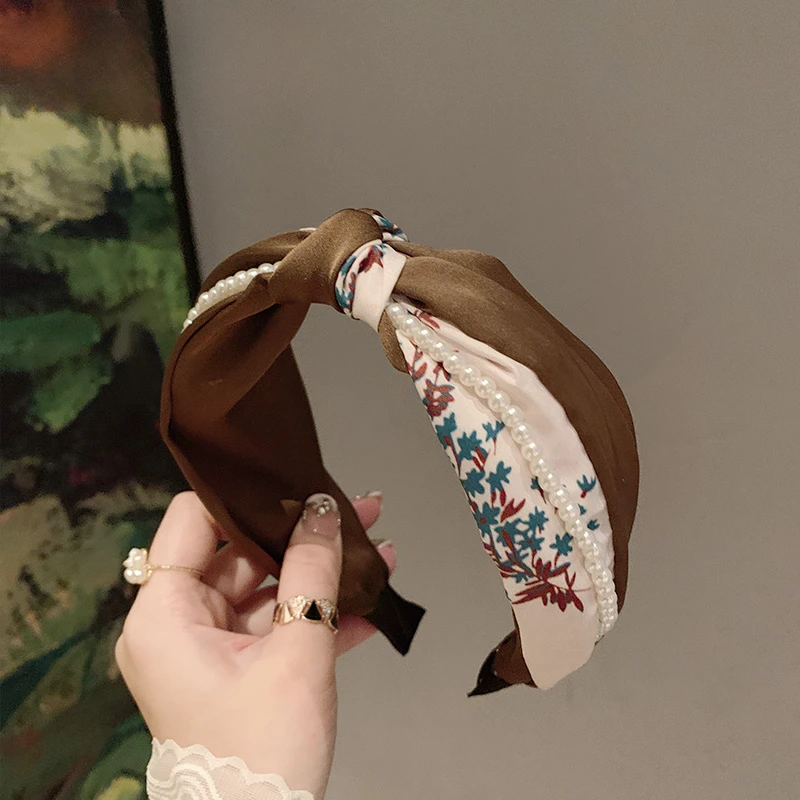 法式碎花打结发箍显脸小头饰高颅顶棕色复古缎面打结宽边百搭头箍