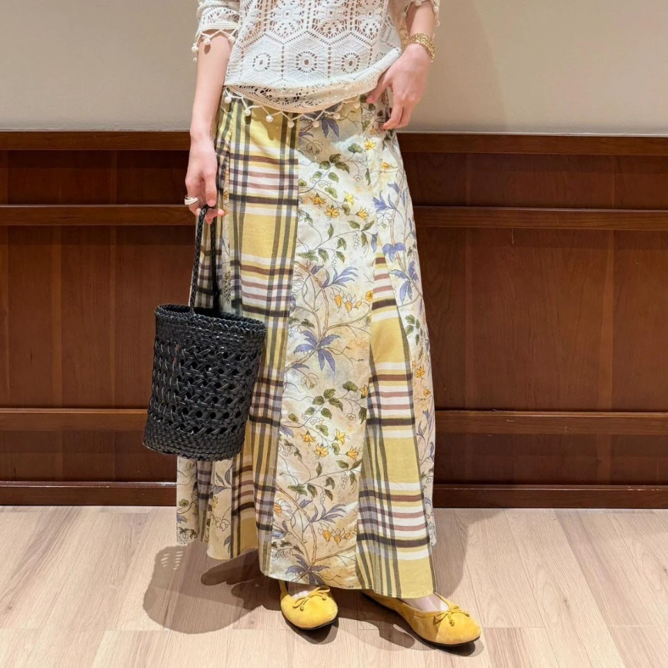 夏季新款拼接半身裙碎花通勤格子田园风裙子中长款印花显瘦气质