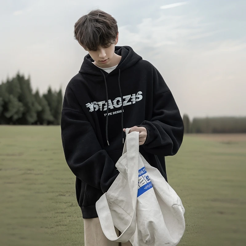 美式连帽卫衣男士秋冬季2025新款加绒加厚青少年宽松休闲套头外套