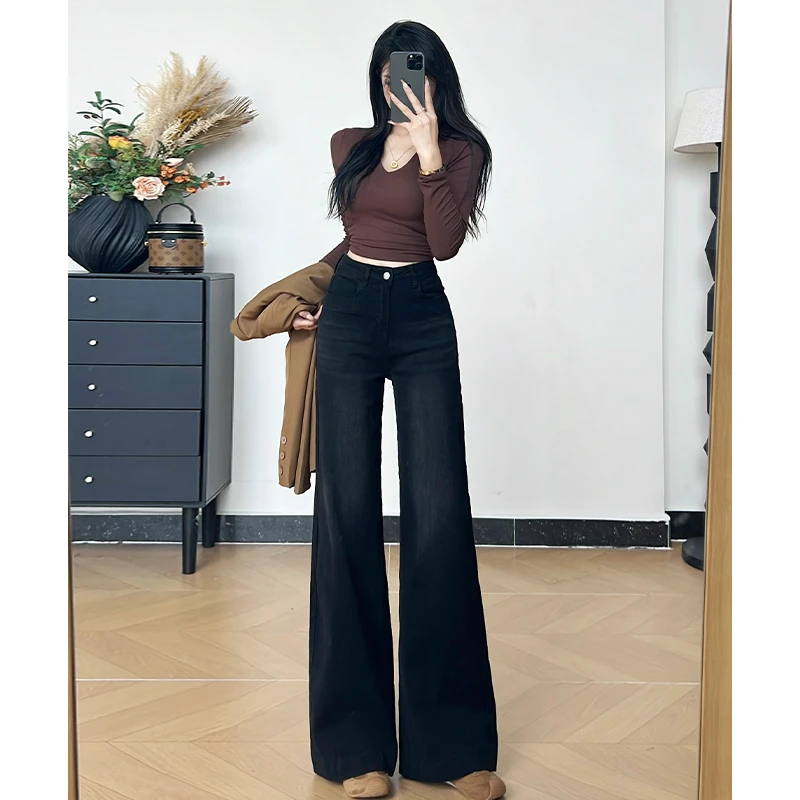 秋冬加绒新款黑色不贴腿微喇牛仔裤女2025高腰显瘦宽松垂感拖地裤