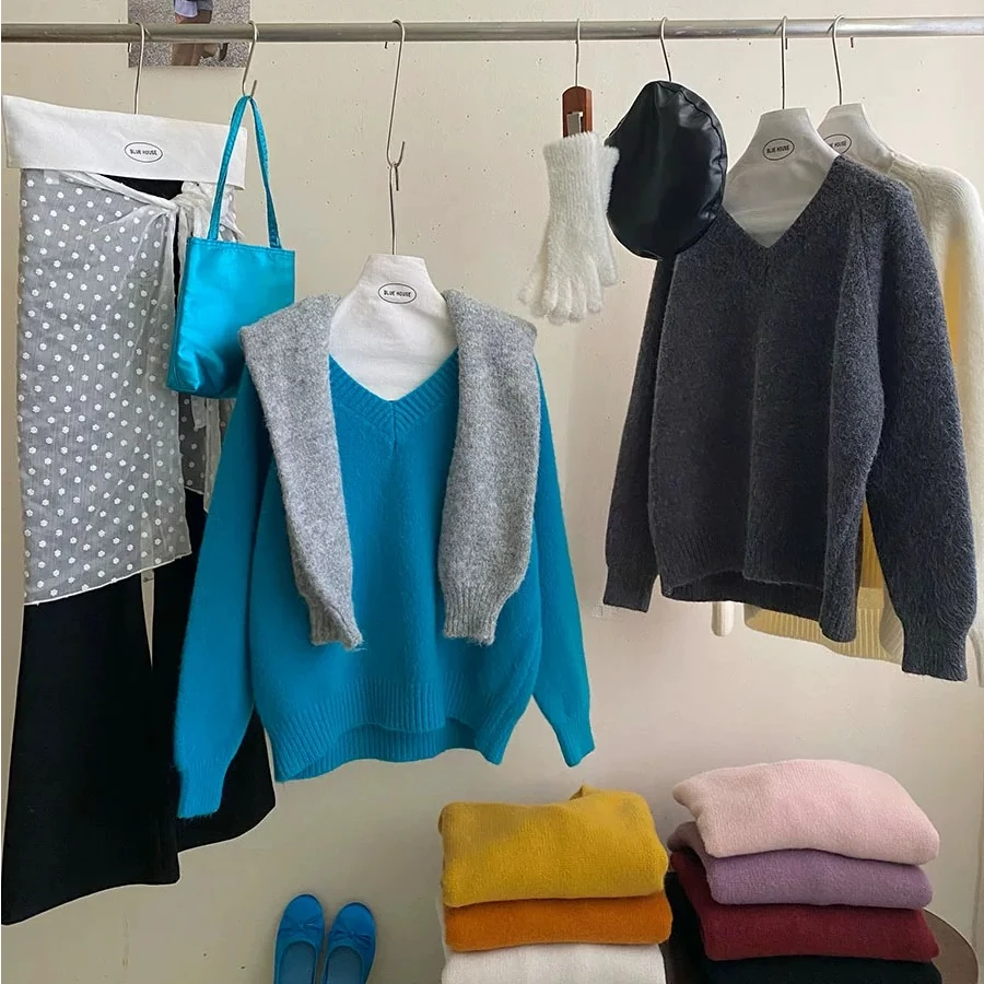 NICE圈圈、极简纯色质感V领老钱风彩色质感毛衣A3133