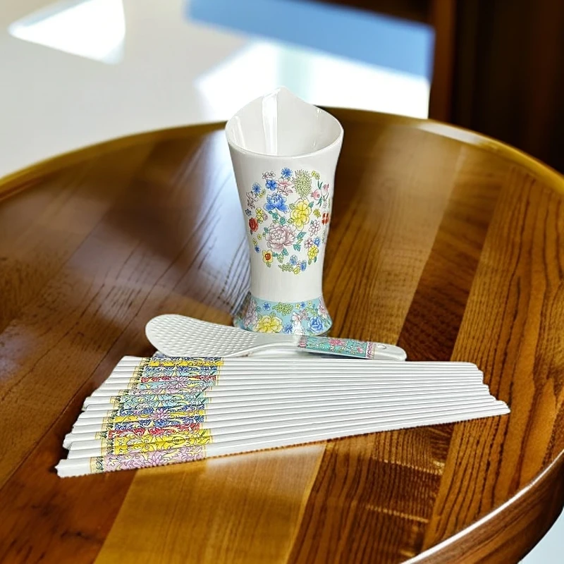 WJ-碎花筷子筒+湖蓝饭勺+混色筷子10双