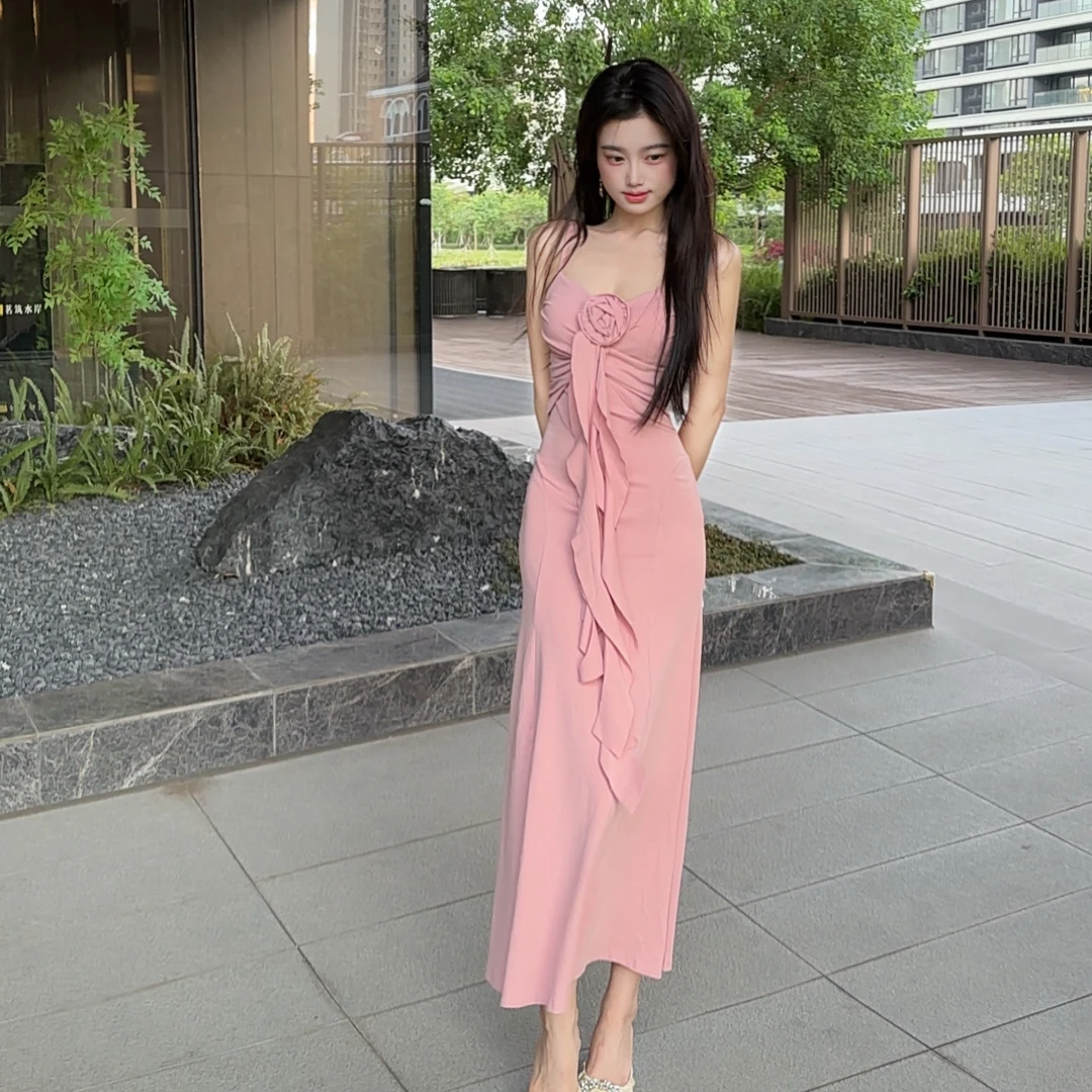 Susu新 蜜桃小姐 法式温柔风性感辣妹飘带吊带气质优雅收腰长裙