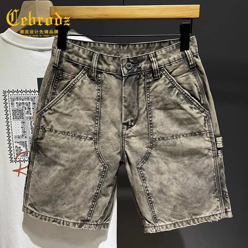 法国Cebrodz纯棉军绿色工装短裤男士拼接休闲中裤耐磨帆布五分裤