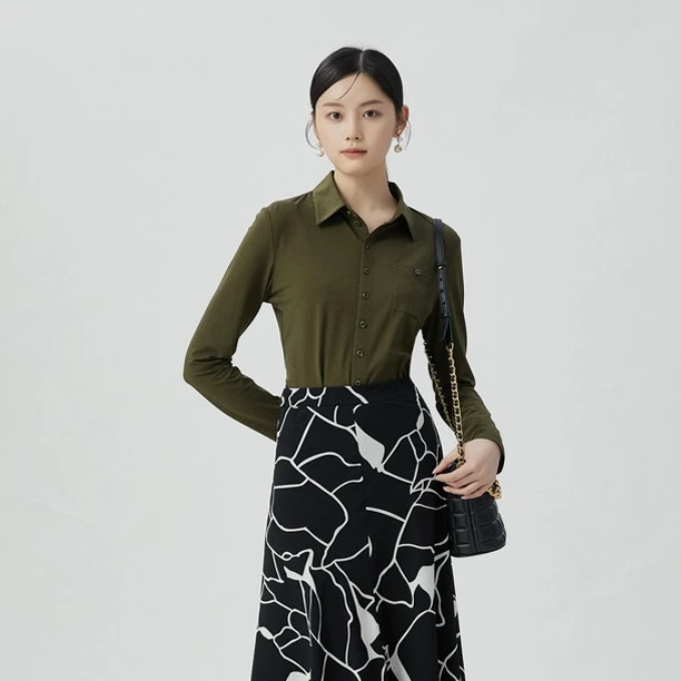 【商场同款】薄款莫代尔衬衣单排扣Polo领长袖口袋衬衫女1300820