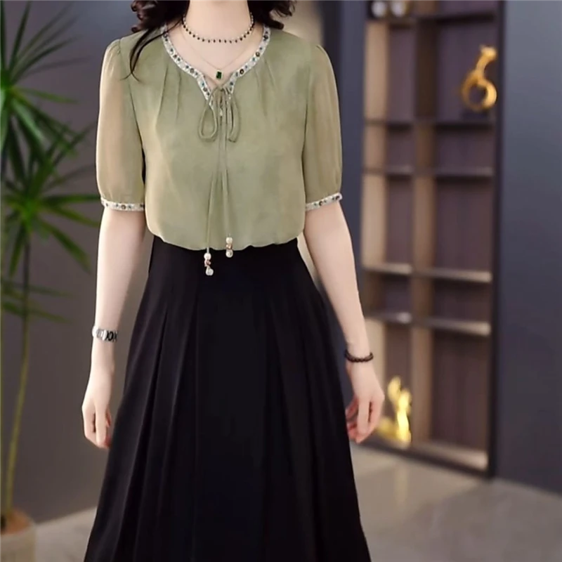 高档轻羽丝面料连衣裙女夏季2025新款时尚拼接显瘦假两件礼服裙子