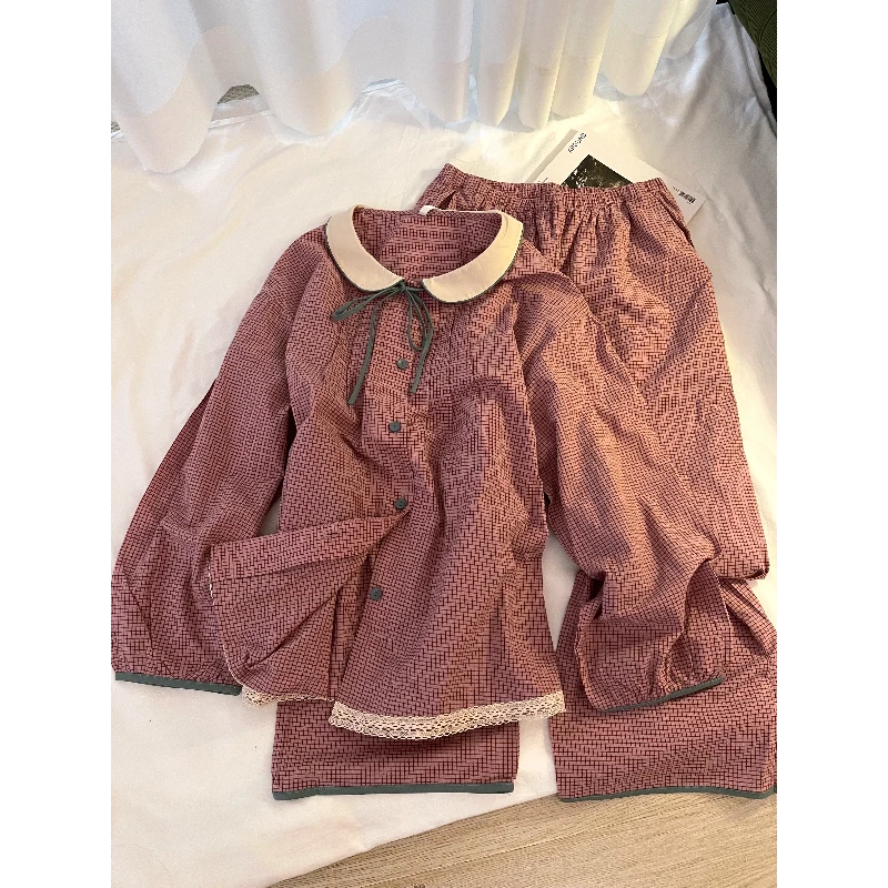 蕾丝花边梭织棉布睡衣套装女春夏季新款长袖日系格子家居服可外穿