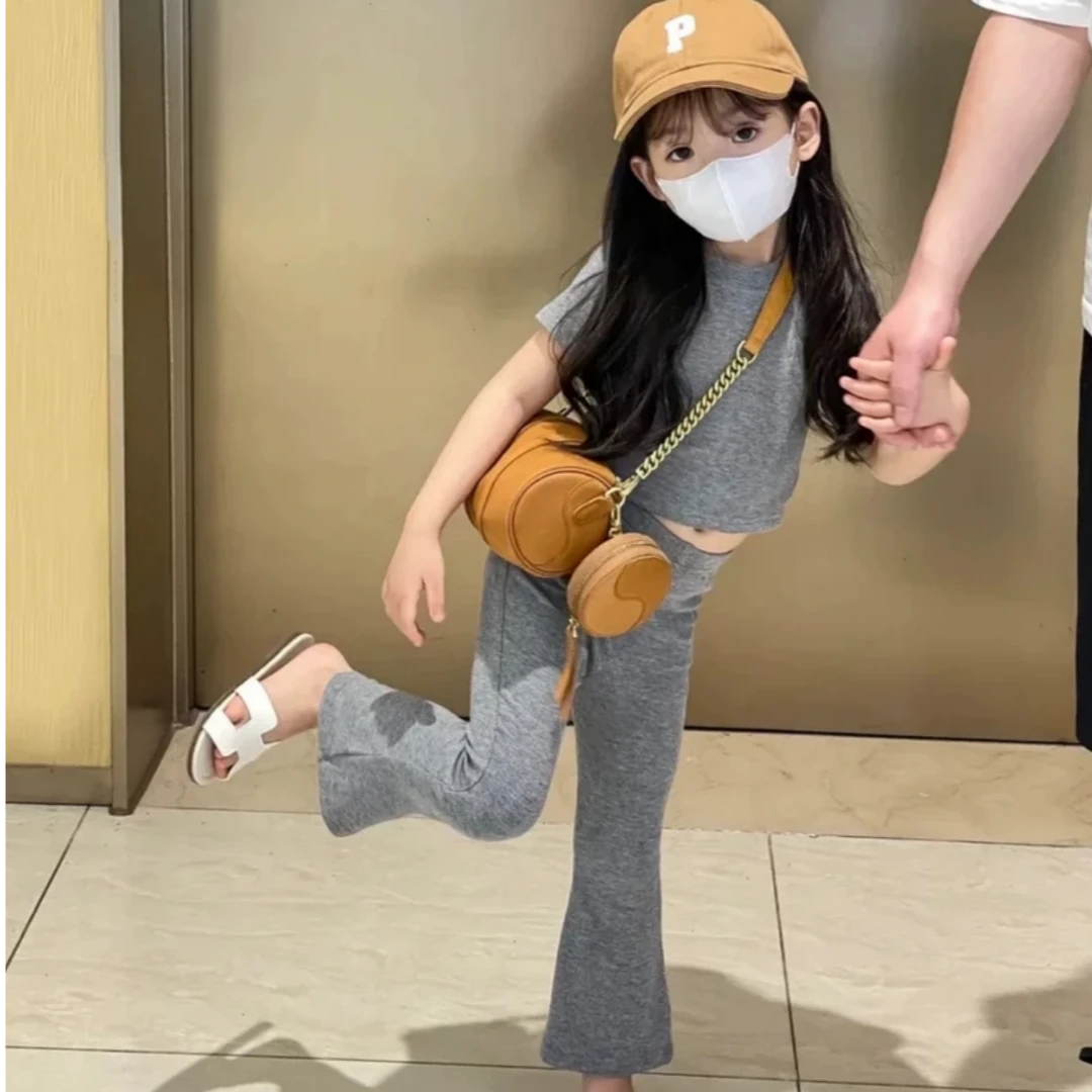 女宝宝两件套韩版女童海洋色短袖喇叭裤套装2025夏季新款