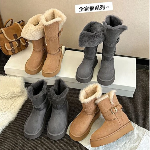 超软皮~厚底灰色长筒雪地靴2025冬季新款加厚防滑高筒靴东北棉鞋