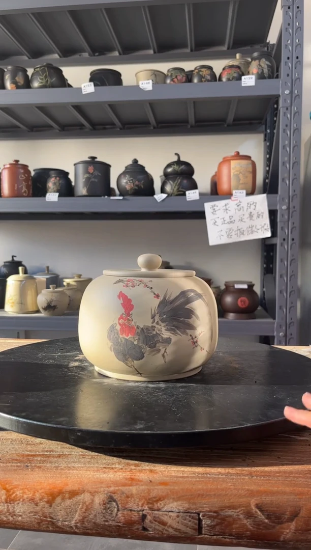 建水紫陶白泥彩绘精品茶罐微瑕
