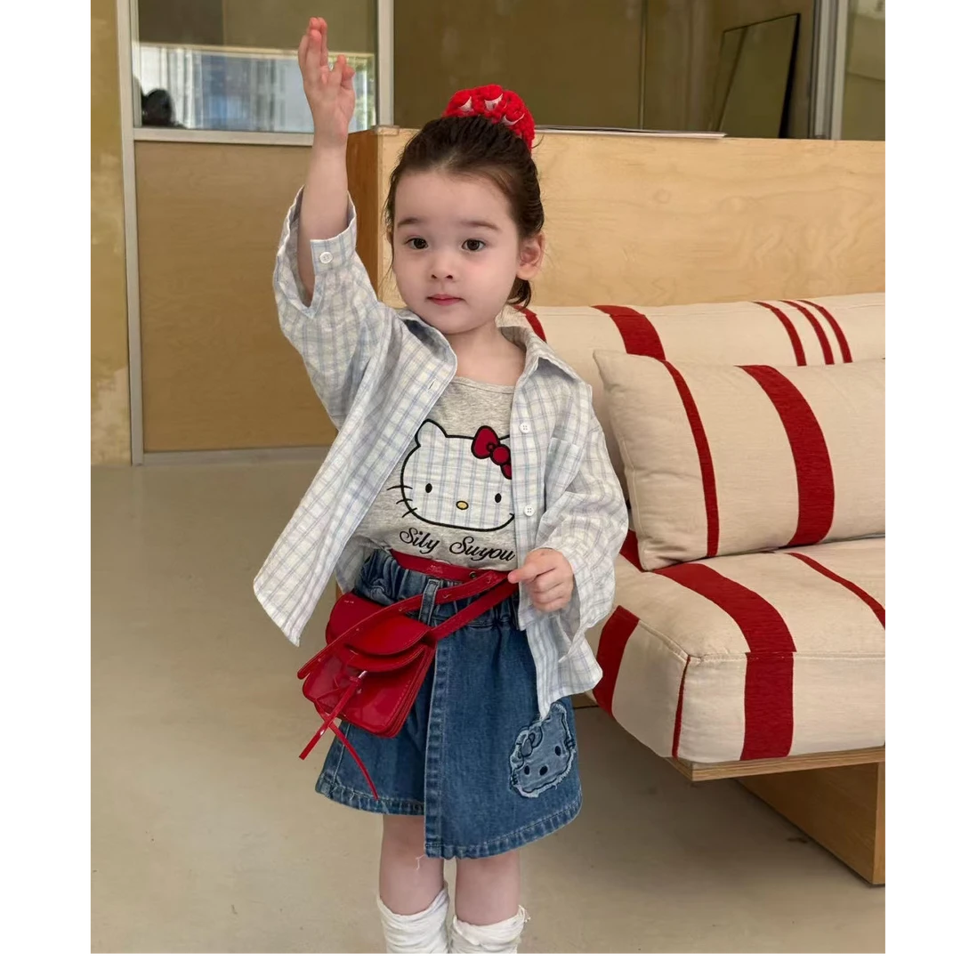 《小思家》女童2025春夏韩版休闲KT吊带蓝格子衬衫不规则牛仔短裙