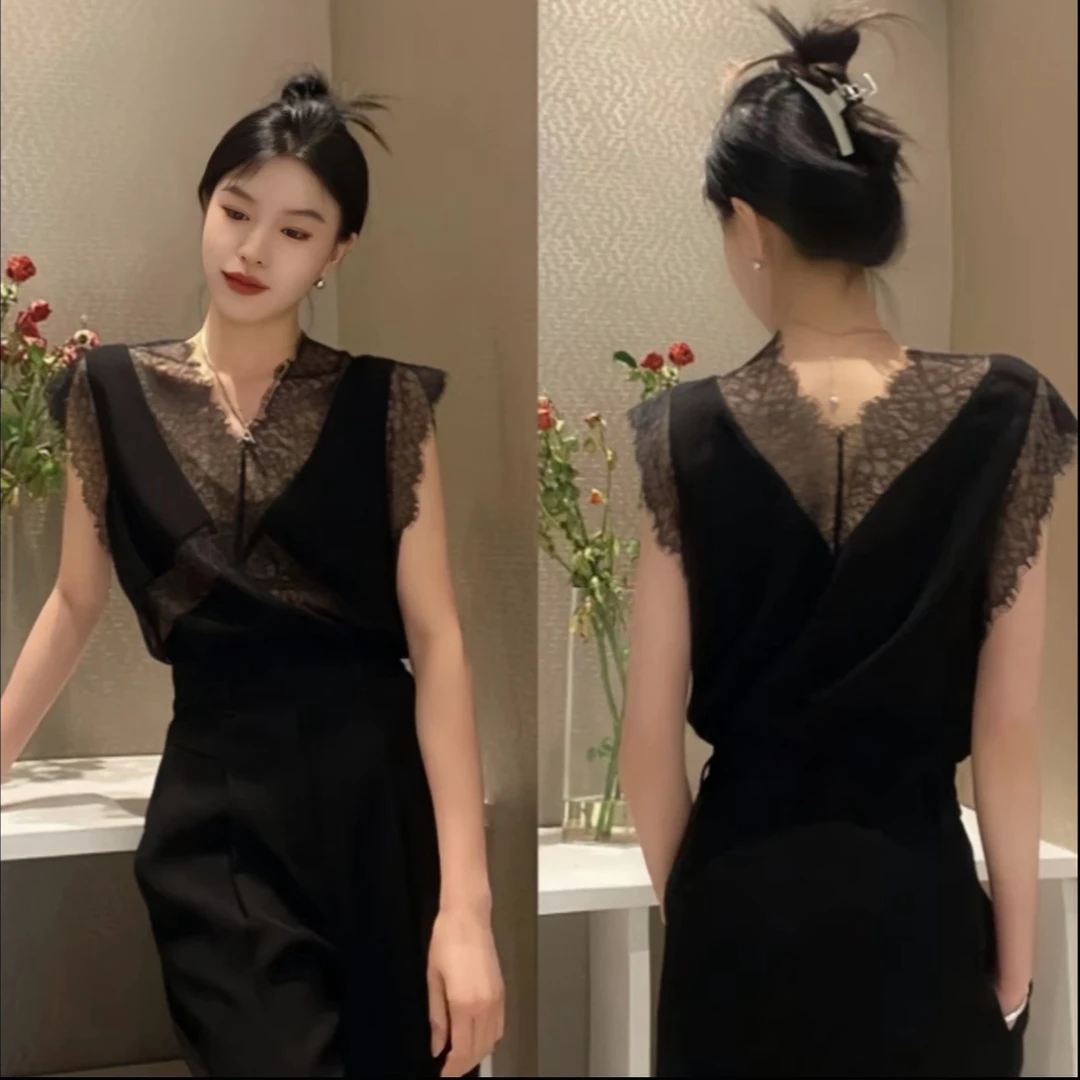 AMASS/阿玛施⌜芭蕾黑巧⌟ 时尚气质清凉蕾丝宽肩背心5300598