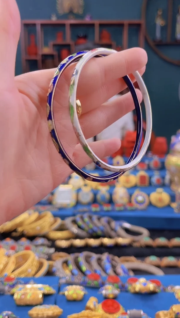 非遗景泰蓝叮当镯 一对 蓝白