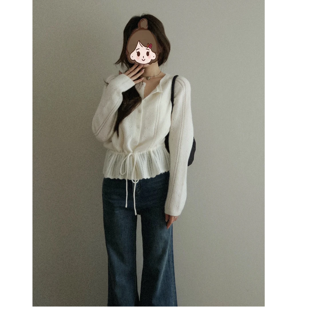 【淡颜系列】秋季奶油白毛衣设计感收腰绑带针织上衣镂空衫