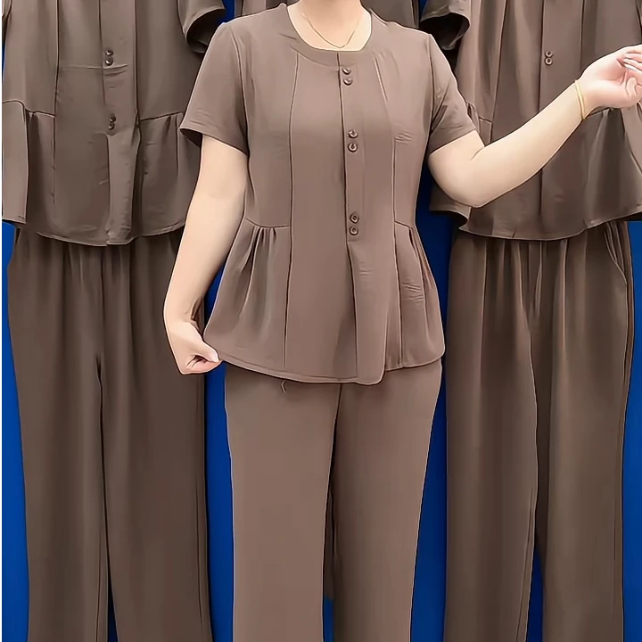 夏款翻领短袖套装2025新款宽松休闲女装两件套百搭减龄中年妈妈装