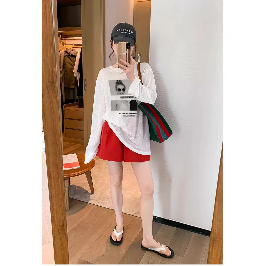 美式人脸时尚长袖常规薄款T恤纯色休闲百搭慵懒风防晒T恤上衣