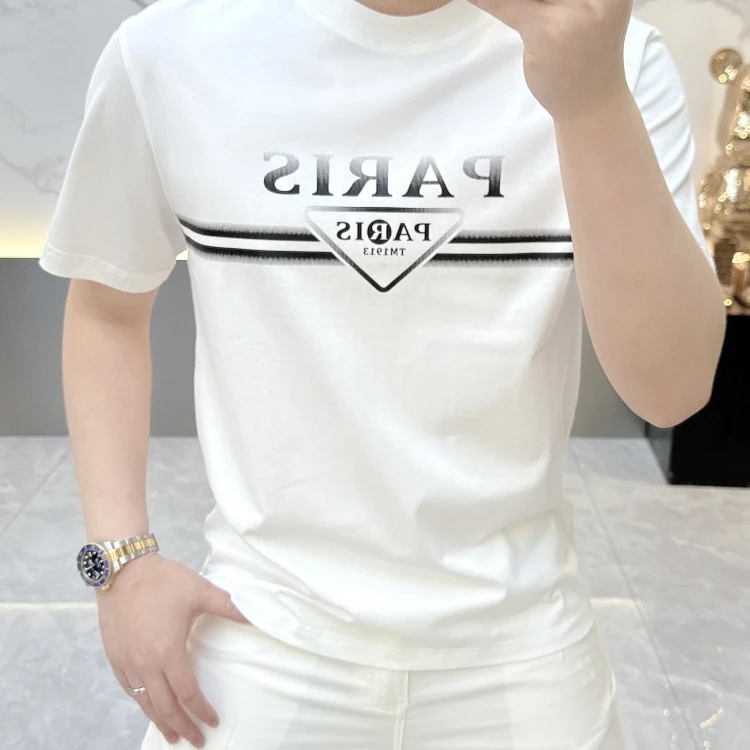 泰维肯戈潮牌条纹字母徽章帅气圆领短袖修身纯棉百搭休闲T恤男潮